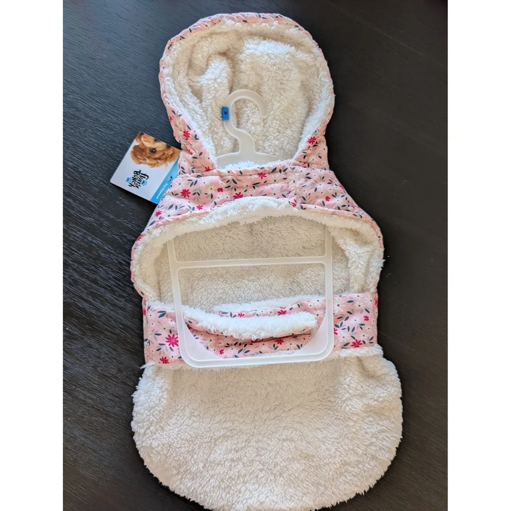 Pink Floral Hooded Pet Puffer Vest Faux Shearling Lined Size M The Fluffy Bunch